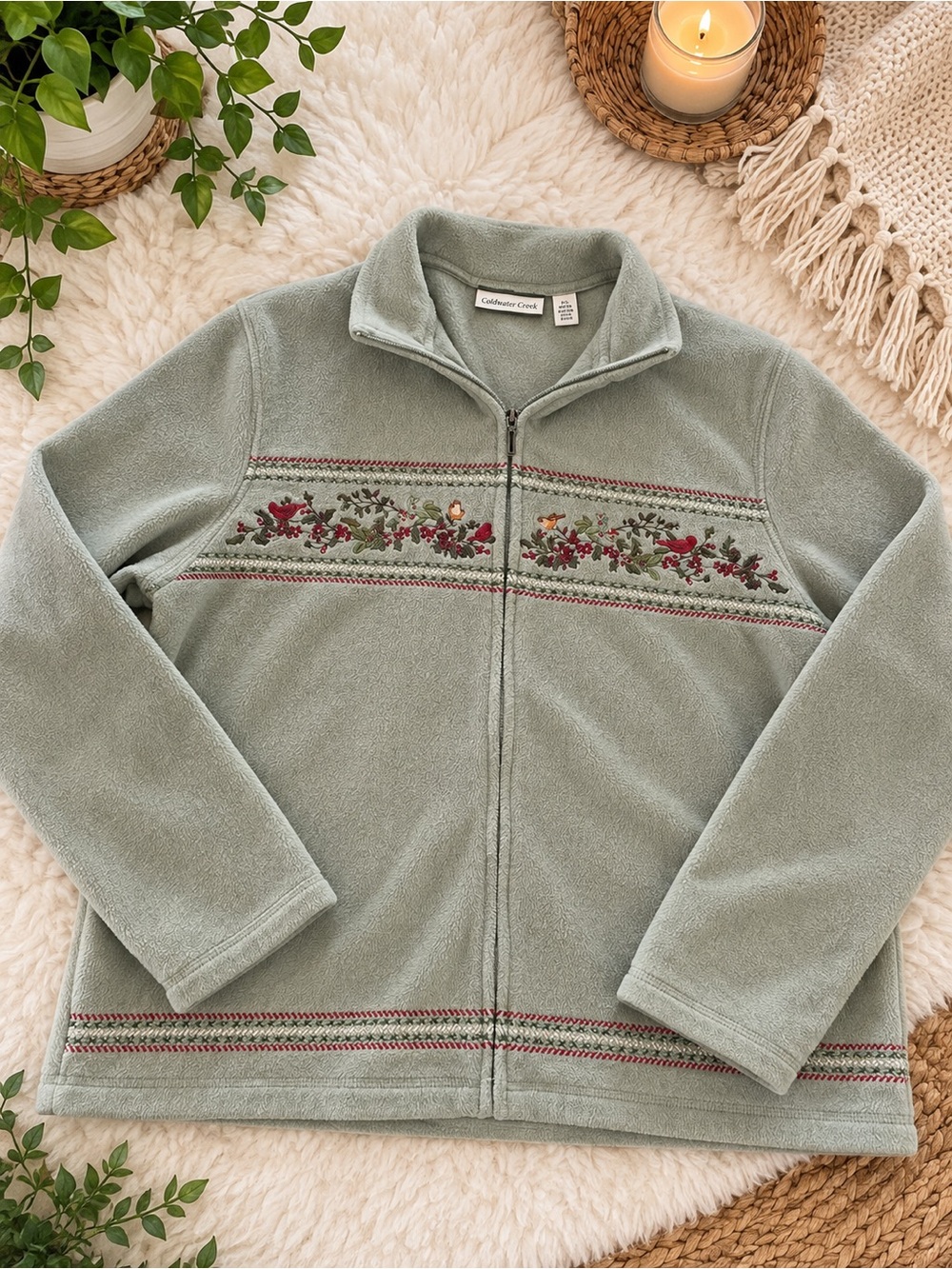 croft & barrow Sage Green Full-Zip Fleece Jacket with Floral Embroidery